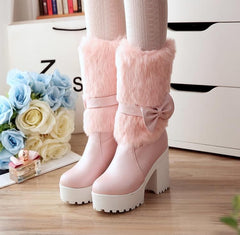White/Beige/Pink Sweet Fluffy High Heel Boots
