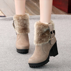 Red Wine/Black/Khaki Buckle Warm Fur Black Platform Snow Square Heel Boots BE567