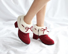 Black/Red/Brown Warm Plush Kawaii Bowknot Short Boots BE501