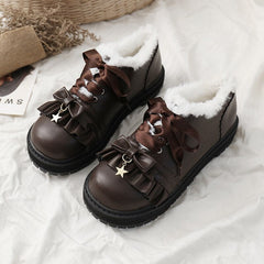 Brown/Black/White Japanese Sweet Ruffled Star Plus Velvet Winter Warm Kawaii Shoes