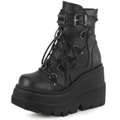 Black/White/Pink Goth Lace Up Buckle Strap Metal Platform Boots