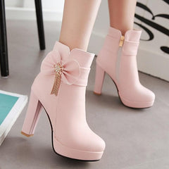 White/Pink/Black Pastel Bow High Heel Boots