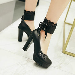 Pink/White/Black Sweet Lace Flower Lolita High Heel Shoes