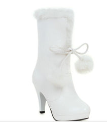 Japanese Pink/Black/White Sweet Fur Ball Warm High Heel Boots BE564