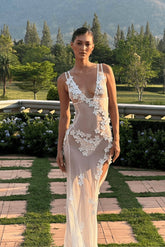 Evelyn Flower Embroidered Mesh Maxi Slip Dress-Sunfere