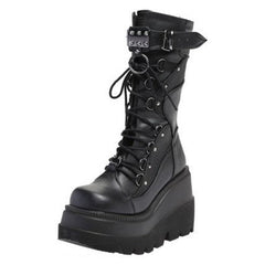 Black/White/Pink Goth Lace Up Buckle Strap Metal Platform Boots