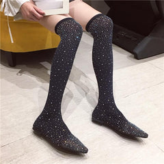 Black/Grey Bling Rhinestone Long Socks Boots