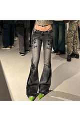 Herbstliche Jeans mit Blumenmuster und niedriger Taille