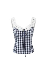 Gingham-Top mit Schnürung und Rüschen