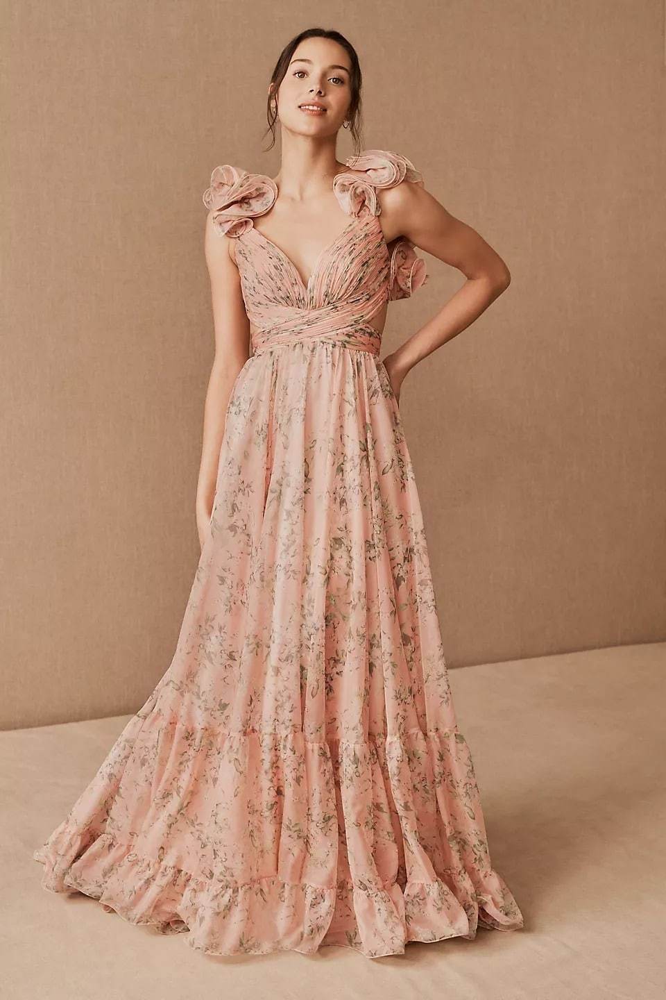 Ginny Printed Ruffle Lace Up Chiffon Maxi Dress-Sunfere