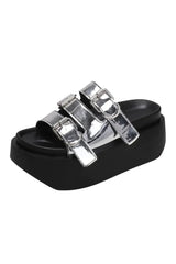 Glossy Buckle Platform Sandals