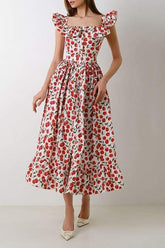 Griselda Cherry Printed Ruffle Midi Dress-Sunfere