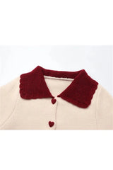 Fall Heart Button Contrast Collar Cardigan