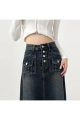 High-Waisted Cargo Denim Midi Skirt