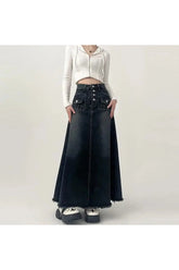 High-Waisted Cargo Denim Midi Skirt