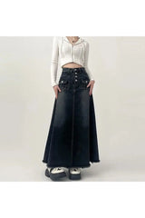 High-Waisted Cargo Denim Midi Skirt