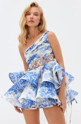 Andrea Floral Printed One-shoulder Mini Chiffon Dress-Sunfere