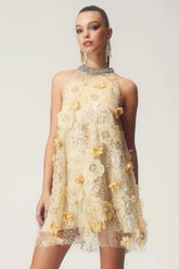 Ella Halter Floral Embroidered Sequins Mini Dress