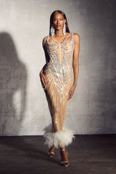 Lena Rhinestone Embellished Feather Trim Maxi Dress