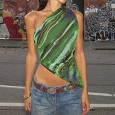 Printed Off-Shoulder Irregular Retro Vest