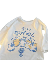 Baumwoll-T-Shirt mit japanischem Katzen- und Hundedruck