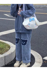 Jean taille haute motif ours kawaii d'automne