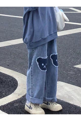 Jean taille haute motif ours kawaii d'automne