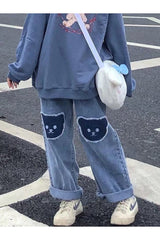 Jean taille haute motif ours kawaii d'automne