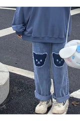 Jean taille haute motif ours kawaii d'automne