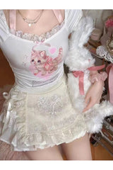 Kawaii Cat Print Mini Skirt Set
