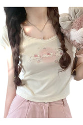 T-Shirts mit Kawaii-Print und Spitze