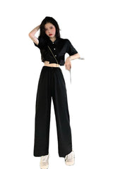 Korean Black 2 Piece Set Pants & Crop Top