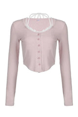 Lace Patchwork Pink Crop Tee