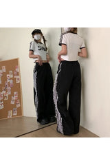 Lace-Trim Striped Wide-Leg Pants