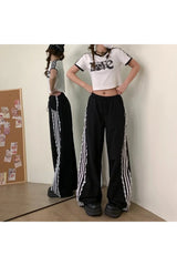 Lace-Trim Striped Wide-Leg Pants