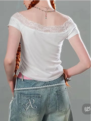 Lace-Trimmed Off-Shoulder Graphic Top