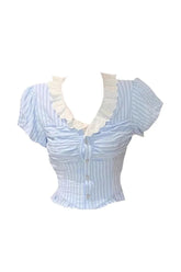 Gestreifte Bluse mit Knopfleiste und Spitzenbesatz