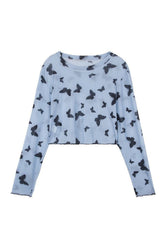 Langärmliges, bauchfreies Oberteil aus Netzstoff mit Schmetterlingsmuster