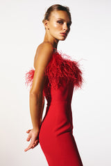 Veronica Feather Trim Strapless Maxi Dress