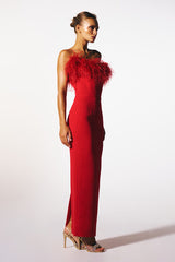 Veronica Feather Trim Strapless Maxi Dress