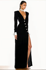 Nico V-neck Diamante Slit Velvet Maxi Dress-Sunfere