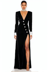 Nico V-neck Diamante Slit Velvet Maxi Dress-Sunfere