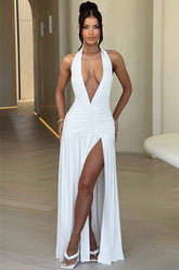 Norma Halter Deep V-neck Maxi Dress-Sunfere