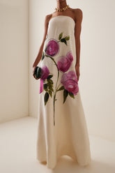 Dorothy Floral Print Strapless Satin Maxi Dress