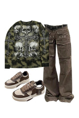 Outfit: Arctic Edge Cargo Pants+Gothic Cross and Skull Print Long Sleeve+Muffin Thick Bottom Sports Shoes