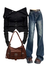 Outfit: Noir Off-Shoulder Button-Up Cardigan + Vintage Wash Flare Jeans + Vintage Satchel Bag mit Schnalle