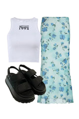 Outfit: 1994 Vintage Ribbed Tank Top+Blue Blossom Mesh Maxi Skirt+Chunky Velcro Strap Sandals