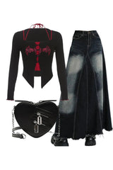 Y2k Outfit: Alt Goth Graphic Print T-shirt+Faded Black Maxi Denim Skirt+Punk Heart Blade Zipper Chain Bag