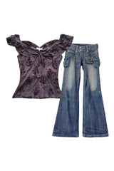 Outfit: Cargo Chic Wide-Leg Jeans+Fairycore Floral Lace-Up Off-Shoulder Top
