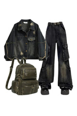 Y2k-Outfit: Distressed Midnight-Jeansjacke + Gothic Cargo Flare Jeans + Vintage Y2K-Rucksack